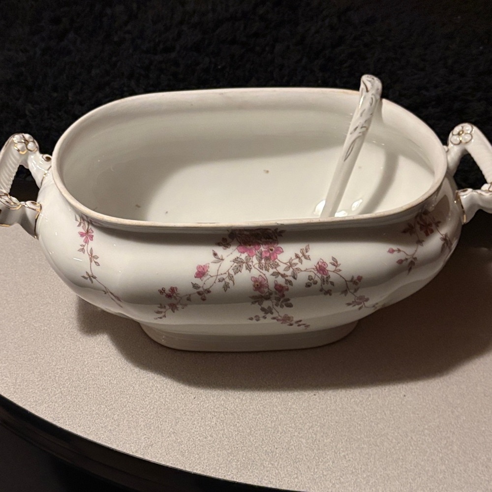 Vintage Porcelain Dish with Ladle and Pink Floral Motif